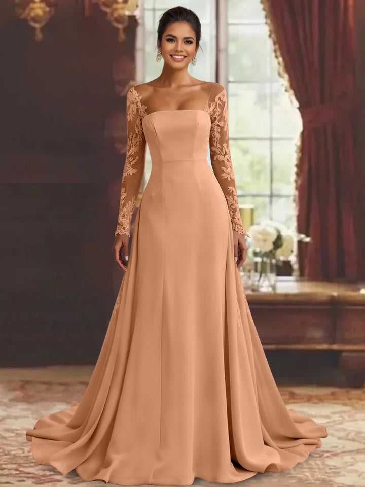Robe mère de la mariée fourreau, manches longues, longueur sol, dentelle et appliques
