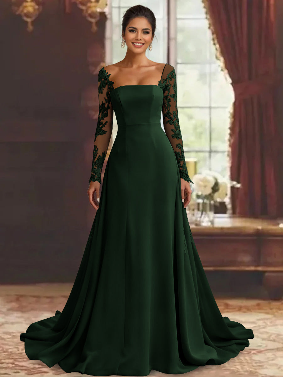 Robe mère de la mariée fourreau, manches longues, longueur sol, dentelle et appliques