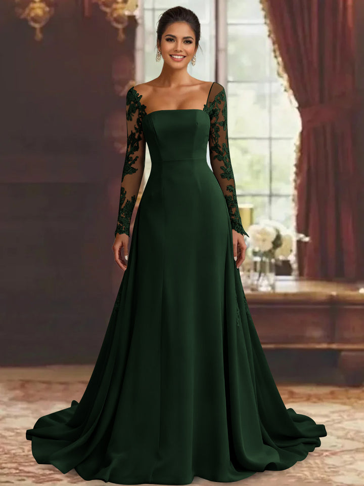 Robe mère de la mariée fourreau, manches longues, longueur sol, dentelle et appliques