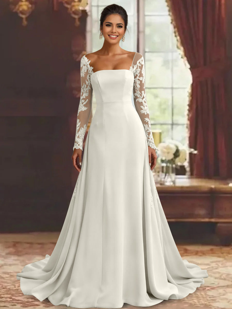 Robe mère de la mariée fourreau, manches longues, longueur sol, dentelle et appliques