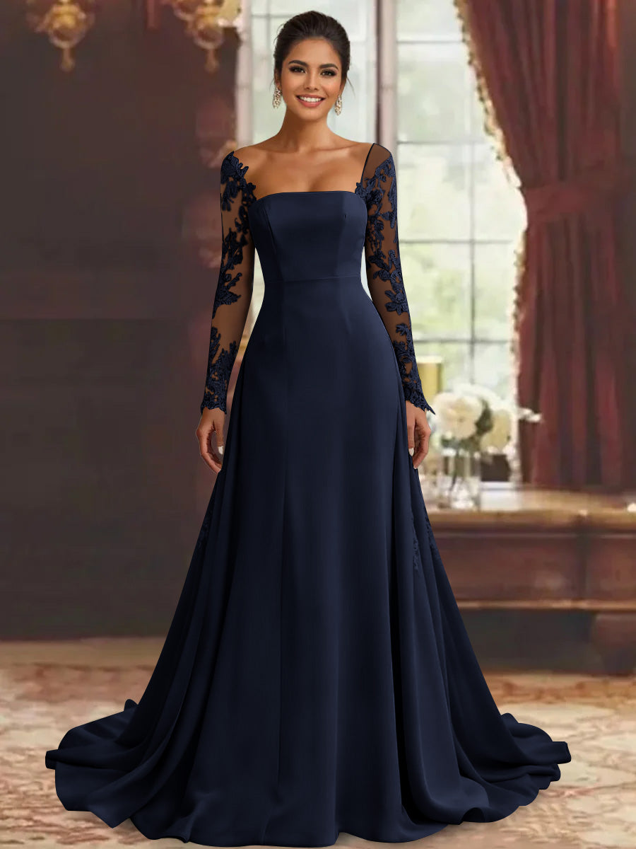 Robe mère de la mariée fourreau, manches longues, longueur sol, dentelle et appliques