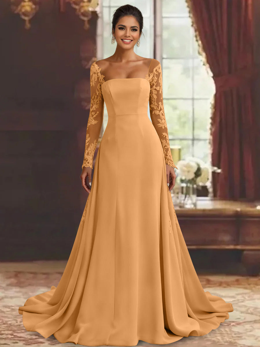 Robe mère de la mariée fourreau, manches longues, longueur sol, dentelle et appliques