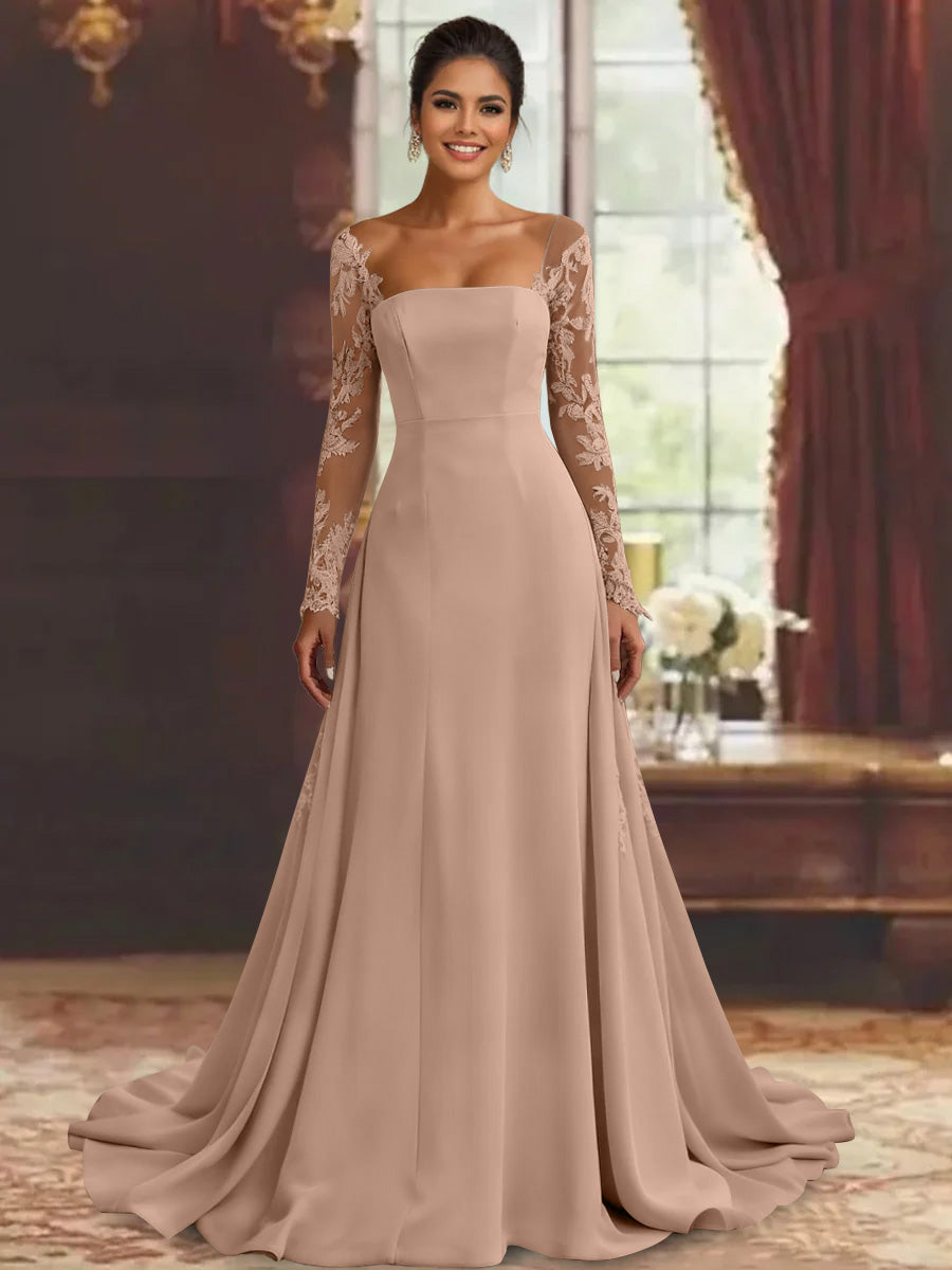 Robe mère de la mariée fourreau, manches longues, longueur sol, dentelle et appliques