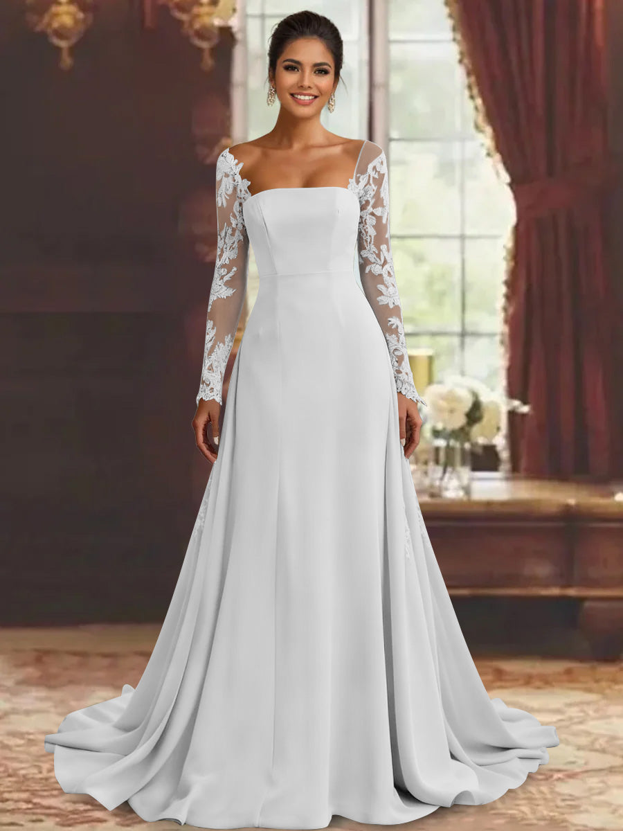 Robe mère de la mariée fourreau, manches longues, longueur sol, dentelle et appliques