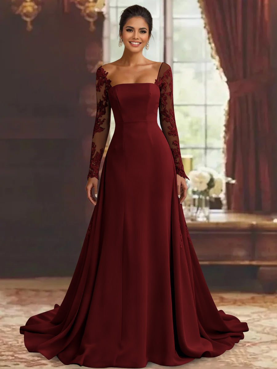 Robe mère de la mariée fourreau, manches longues, longueur sol, dentelle et appliques