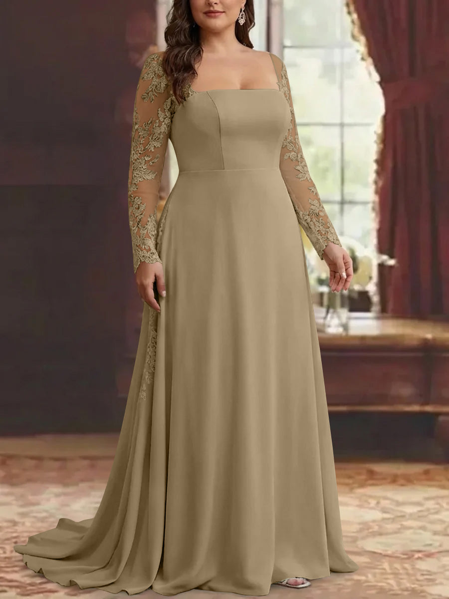 Robe mère de la mariée, taille plus, trompette/sirène, satin extensible, col carré, manches longues, longueur sol, appliques dentelle