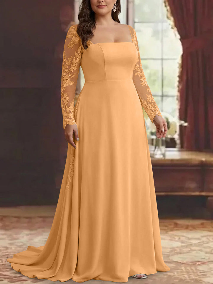 Robe mère de la mariée, taille plus, trompette/sirène, satin extensible, col carré, manches longues, longueur sol, appliques dentelle
