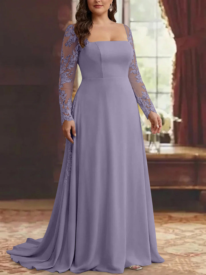 Robe mère de la mariée, taille plus, trompette/sirène, satin extensible, col carré, manches longues, longueur sol, appliques dentelle