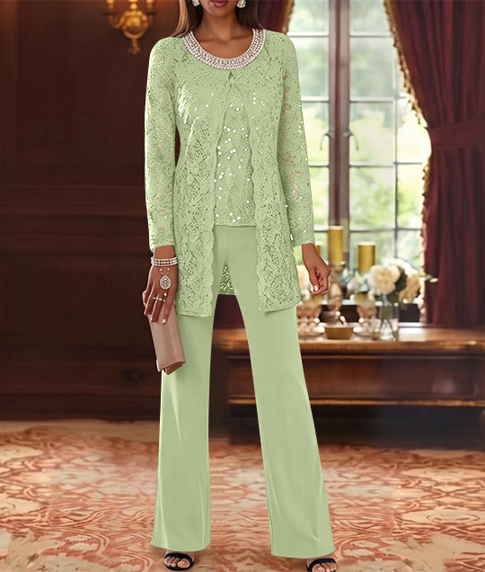 Ensemble pantalon 3 pièces mère de la mariée mousseline col ras du cou, veste dentelle, manches mi-longues, longueur cheville