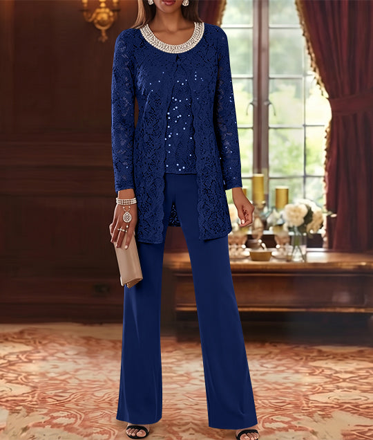 Ensemble pantalon 3 pièces mère de la mariée mousseline col ras du cou, veste dentelle, manches mi-longues, longueur cheville