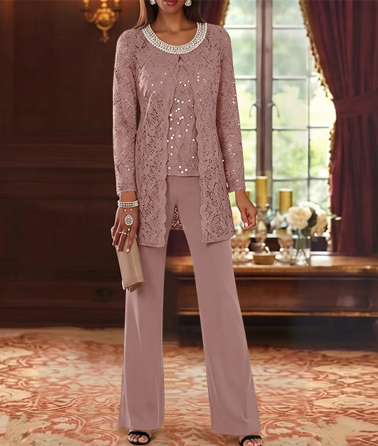 Ensemble pantalon 3 pièces mère de la mariée mousseline col ras du cou, veste dentelle, manches mi-longues, longueur cheville