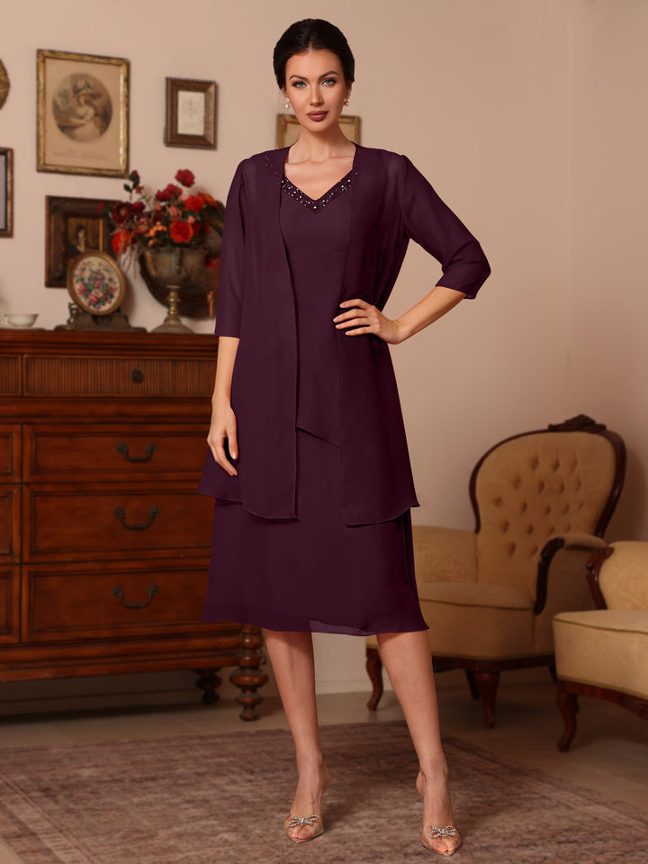 2 Pièces Gaine/Colonne Col en V  Mousseline Robes Mère de La Mariée avec Veste Perles Longueur Genou  1/2 Manches