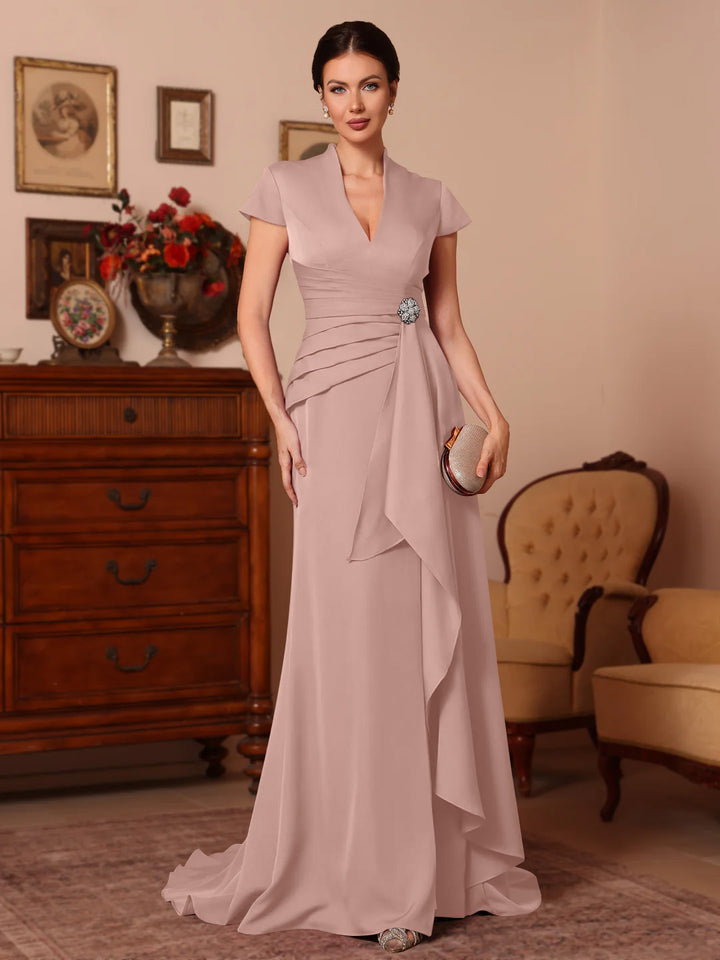 Trompette/Sirène Col en V Satin Extensible Robes Mère de La Mariée Manches Courtes Longueur du Sol Froufrous