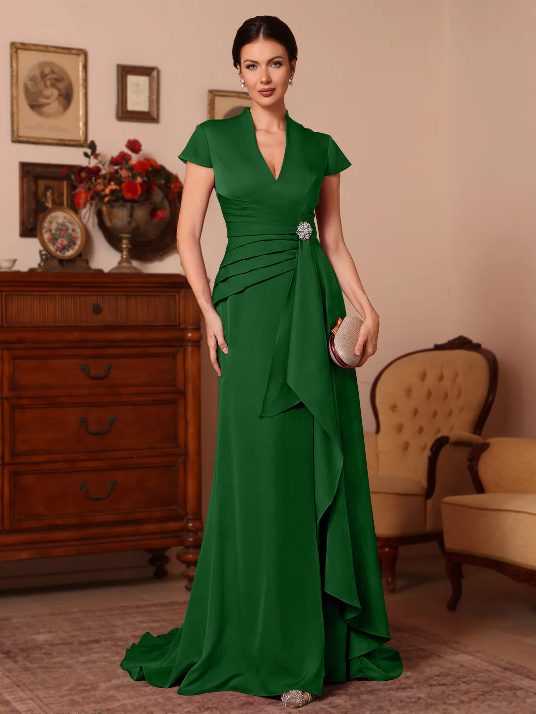 Trompette/Sirène Col en V Satin Extensible Robes Mère de La Mariée Manches Courtes Longueur du Sol Froufrous