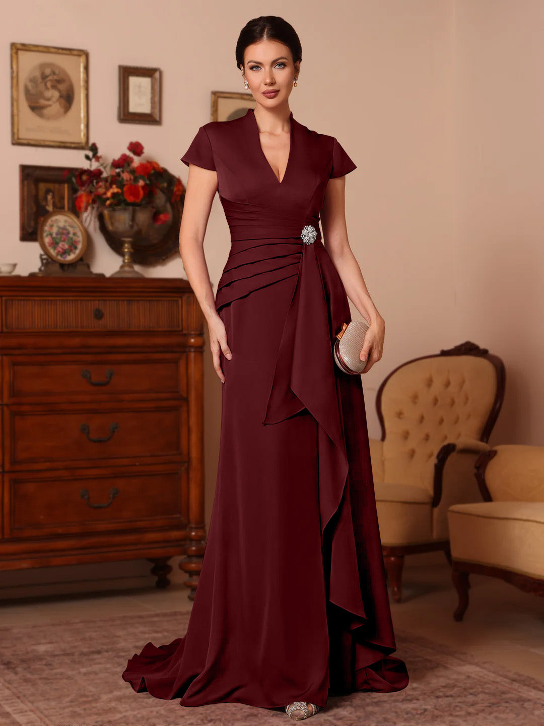 Trompette/Sirène Col en V Satin Extensible Robes Mère de La Mariée Manches Courtes Longueur du Sol Froufrous