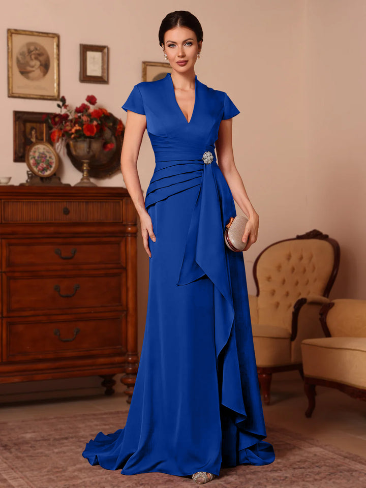 Trompette/Sirène Col en V Satin Extensible Robes Mère de La Mariée Manches Courtes Longueur du Sol Froufrous