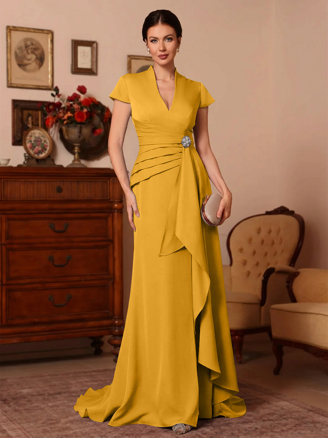 Trompette/Sirène Col en V Satin Extensible Robes Mère de La Mariée Manches Courtes Longueur du Sol Froufrous