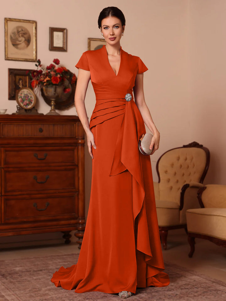 Trompette/Sirène Col en V Satin Extensible Robes Mère de La Mariée Manches Courtes Longueur du Sol Froufrous