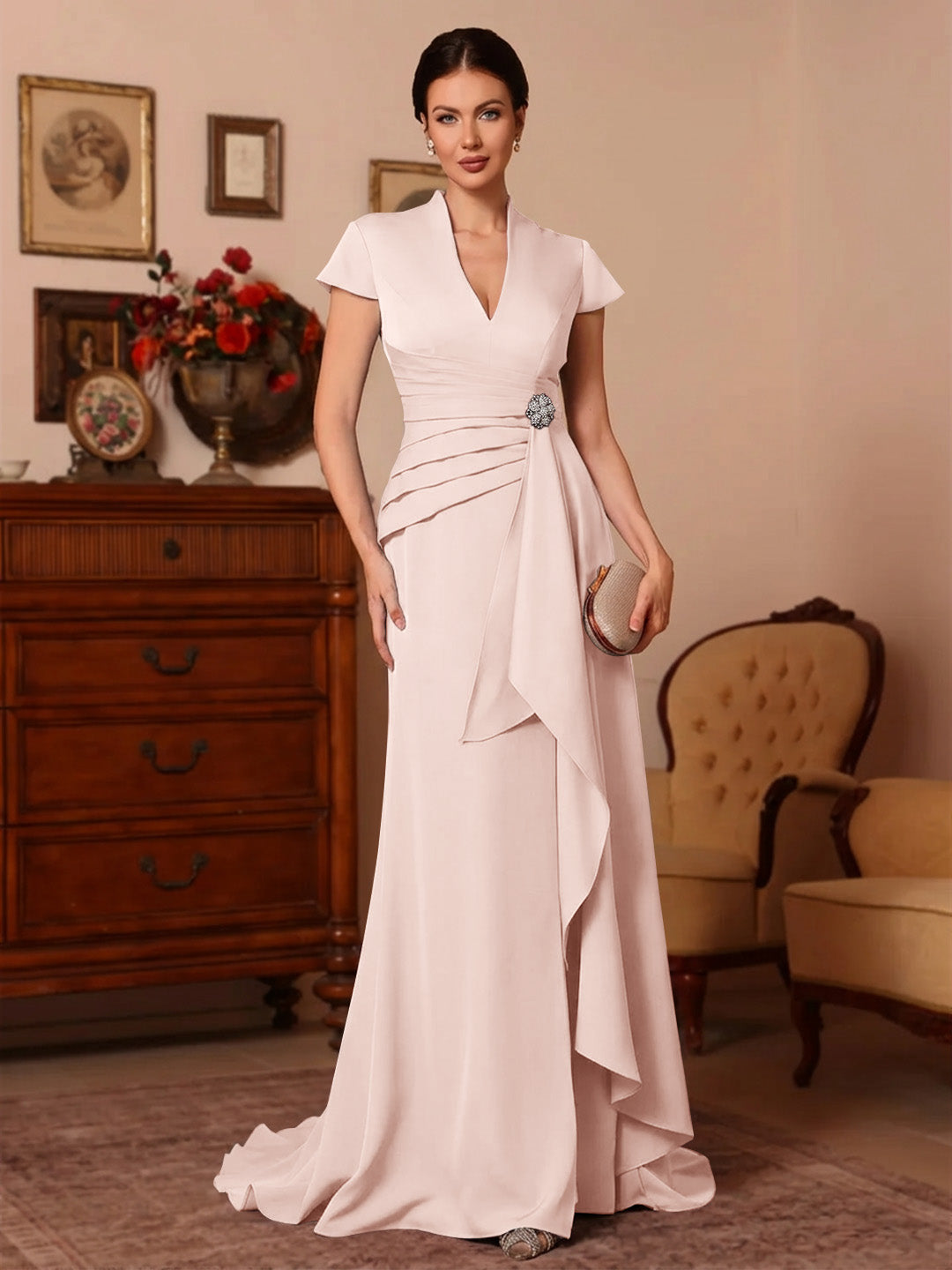 Trompette/Sirène Col en V Satin Extensible Robes Mère de La Mariée Manches Courtes Longueur du Sol Froufrous