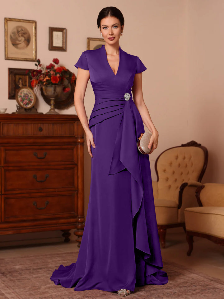Trompette/Sirène Col en V Satin Extensible Robes Mère de La Mariée Manches Courtes Longueur du Sol Froufrous