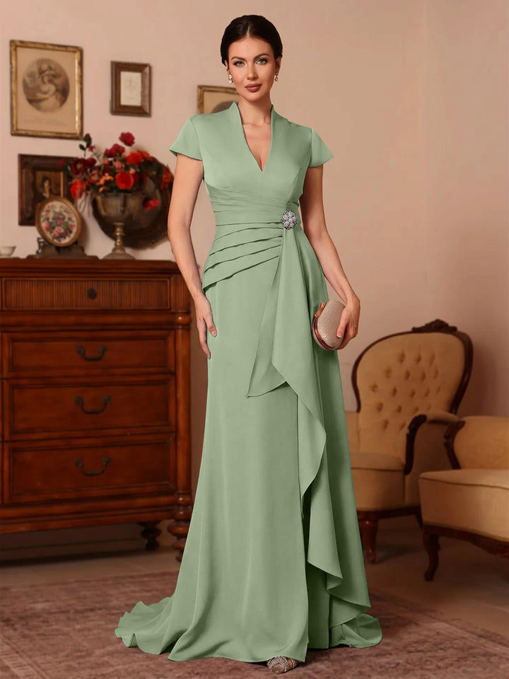 Trompette/Sirène Col en V Satin Extensible Robes Mère de La Mariée Manches Courtes Longueur du Sol Froufrous