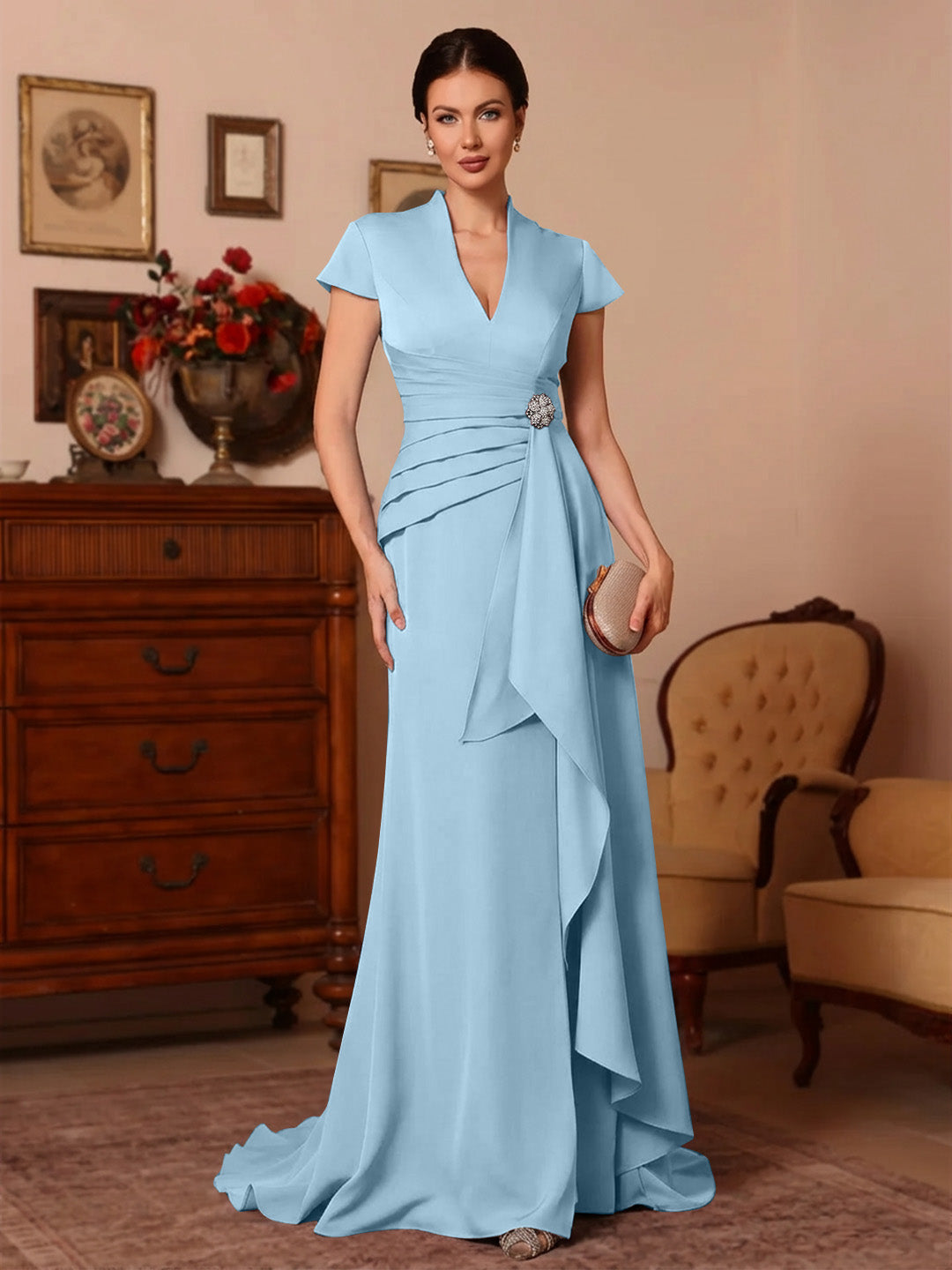 Trompette/Sirène Col en V Satin Extensible Robes Mère de La Mariée Manches Courtes Longueur du Sol Froufrous