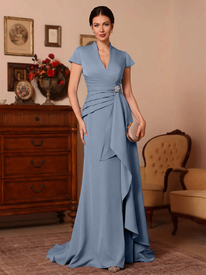 Trompette/Sirène Col en V Satin Extensible Robes Mère de La Mariée Manches Courtes Longueur du Sol Froufrous