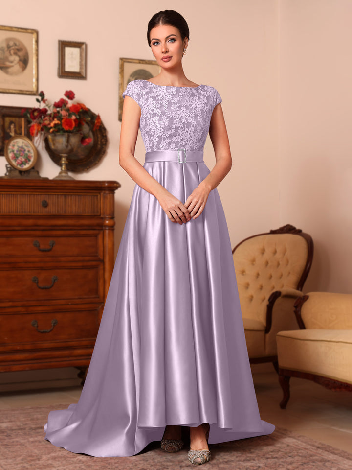 Ligne A/Princesse Scoop Satin Robes Mère de La Mariée Sans Manches Dentelle Longueur du Sol Train de Balayage/Brosse