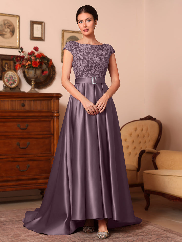 Ligne A/Princesse Scoop Satin Robes Mère de La Mariée Sans Manches Dentelle Longueur du Sol Train de Balayage/Brosse