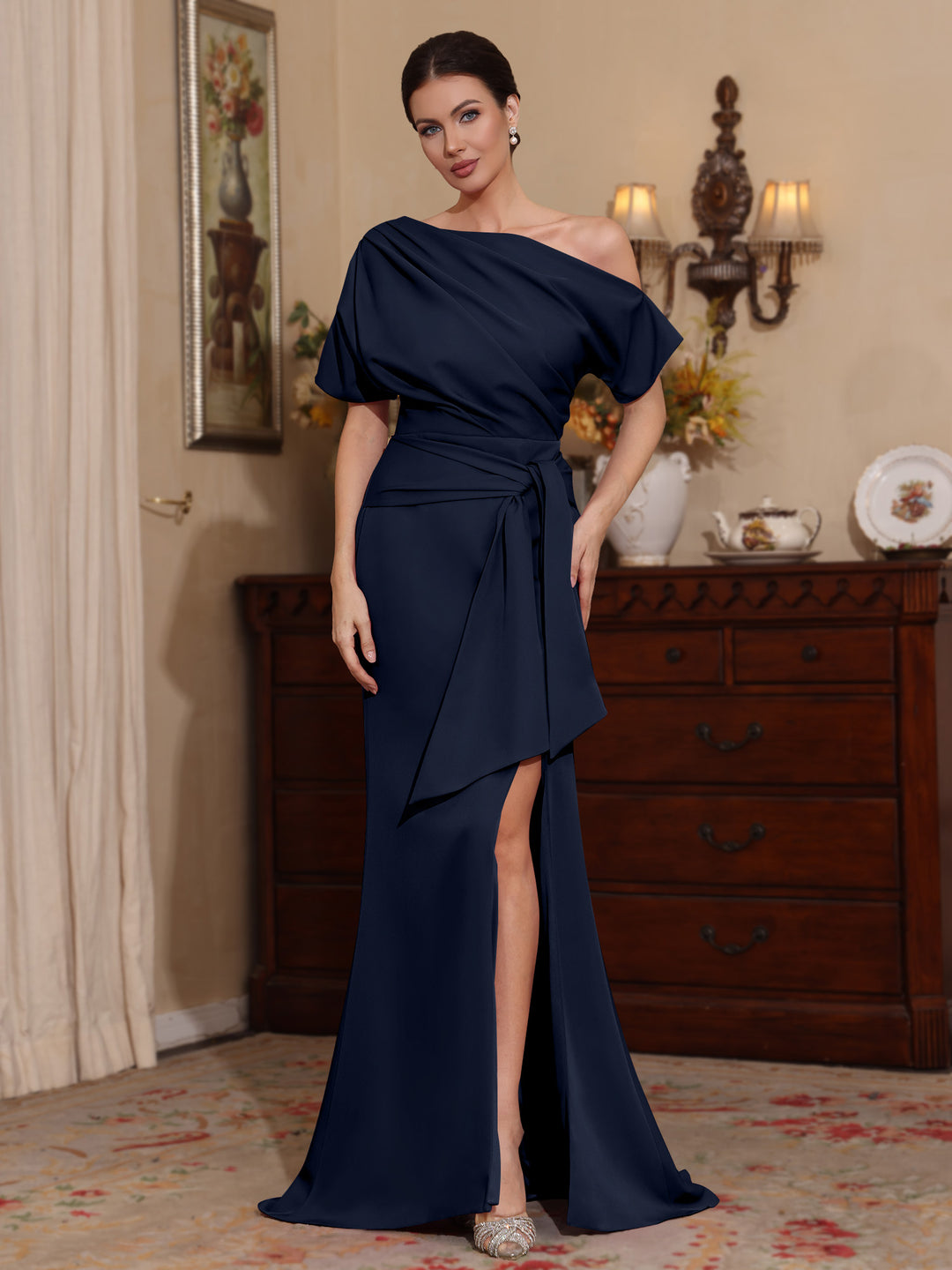 Trompette/Sirène Une Épaule Satin Extensible Robes Mère de La Mariée Longueur du Sol Fente Latérale
