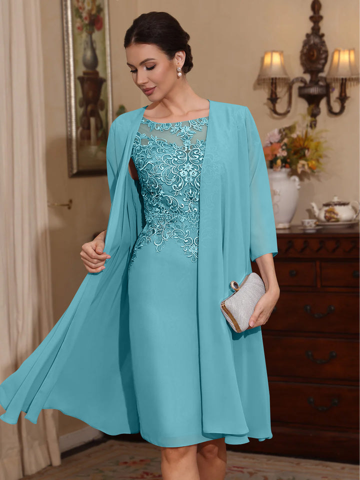 2 Pièces Gaine/Colonne Scoop Mousseline Robes Mère de La Mariée avec Veste Dentelle  Longueur Genou  3/4 Manches