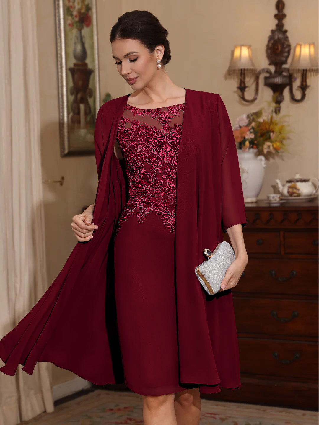 2 Pièces Gaine/Colonne Scoop Mousseline Robes Mère de La Mariée avec Veste Dentelle  Longueur Genou  3/4 Manches