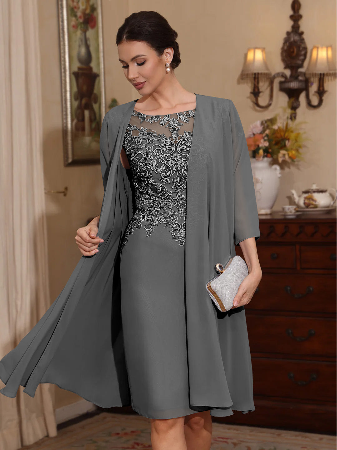 2 Pièces Gaine/Colonne Scoop Mousseline Robes Mère de La Mariée avec Veste Dentelle  Longueur Genou  3/4 Manches