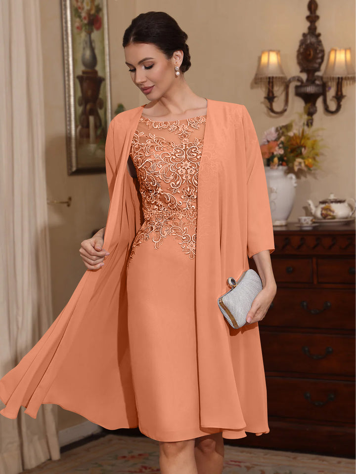2 Pièces Gaine/Colonne Scoop Mousseline Robes Mère de La Mariée avec Veste Dentelle  Longueur Genou  3/4 Manches