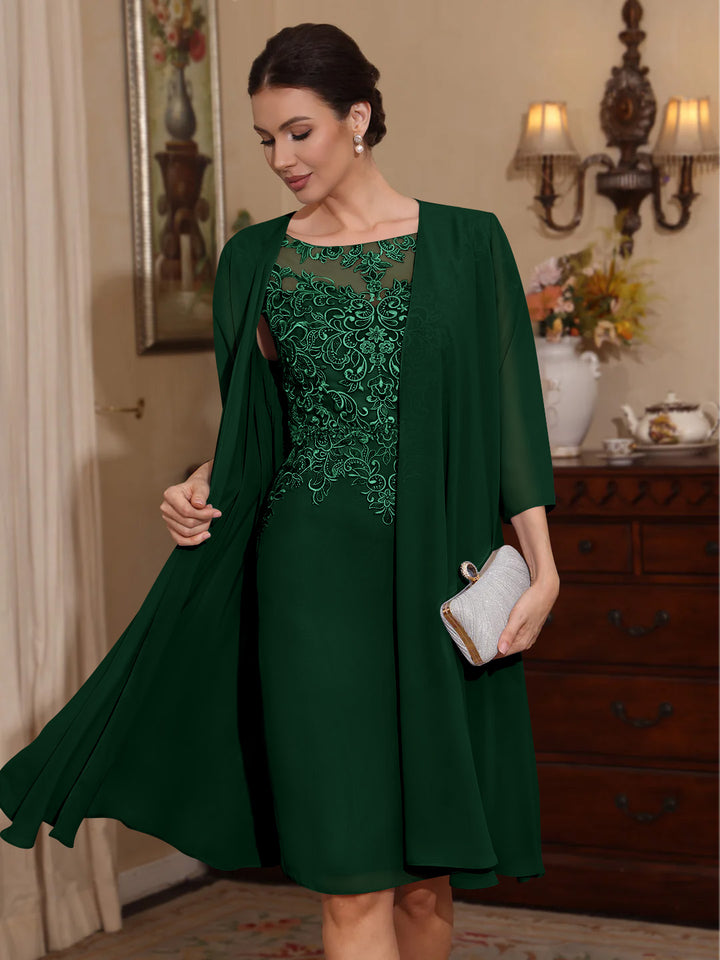 2 Pièces Gaine/Colonne Scoop Mousseline Robes Mère de La Mariée avec Veste Dentelle  Longueur Genou  3/4 Manches