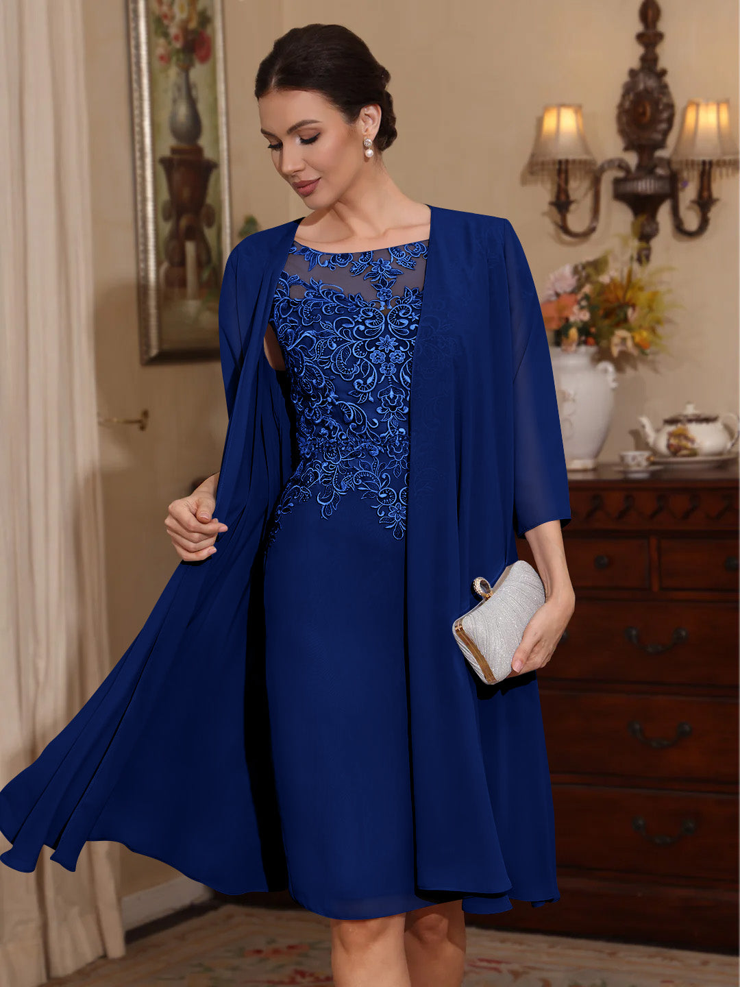2 Pièces Gaine/Colonne Scoop Mousseline Robes Mère de La Mariée avec Veste Dentelle  Longueur Genou  3/4 Manches