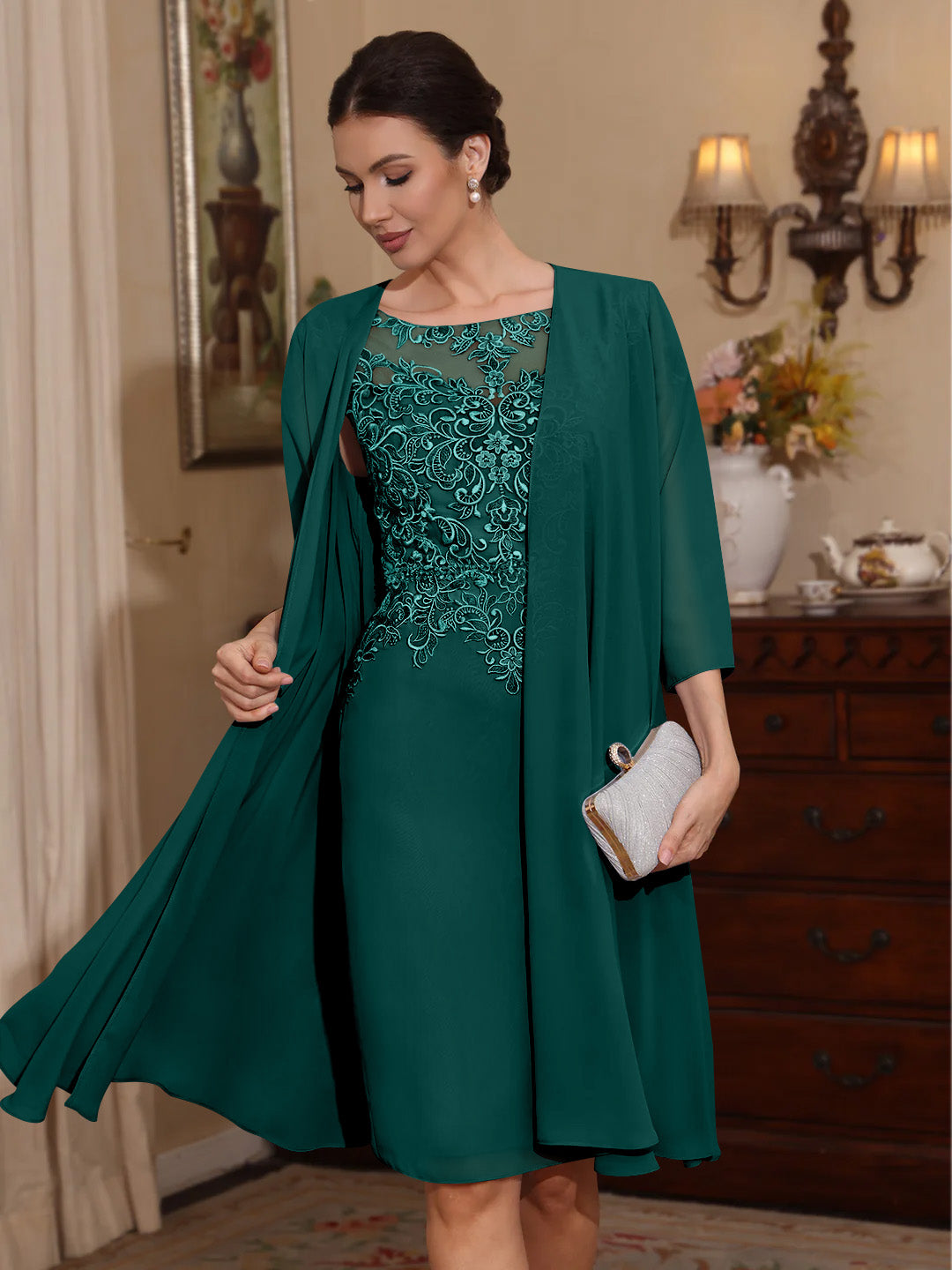 2 Pièces Gaine/Colonne Scoop Mousseline Robes Mère de La Mariée avec Veste Dentelle  Longueur Genou  3/4 Manches
