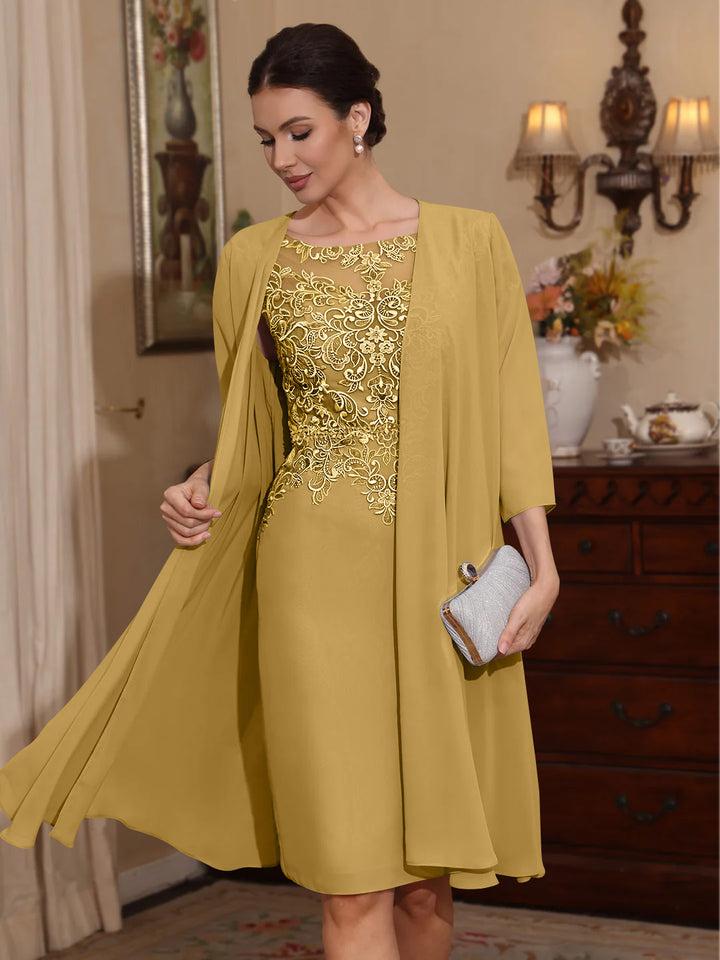 2 Pièces Gaine/Colonne Scoop Mousseline Robes Mère de La Mariée avec Veste Dentelle  Longueur Genou  3/4 Manches