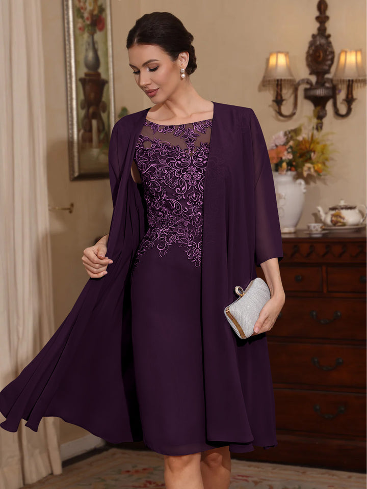 2 Pièces Gaine/Colonne Scoop Mousseline Robes Mère de La Mariée avec Veste Dentelle  Longueur Genou  3/4 Manches