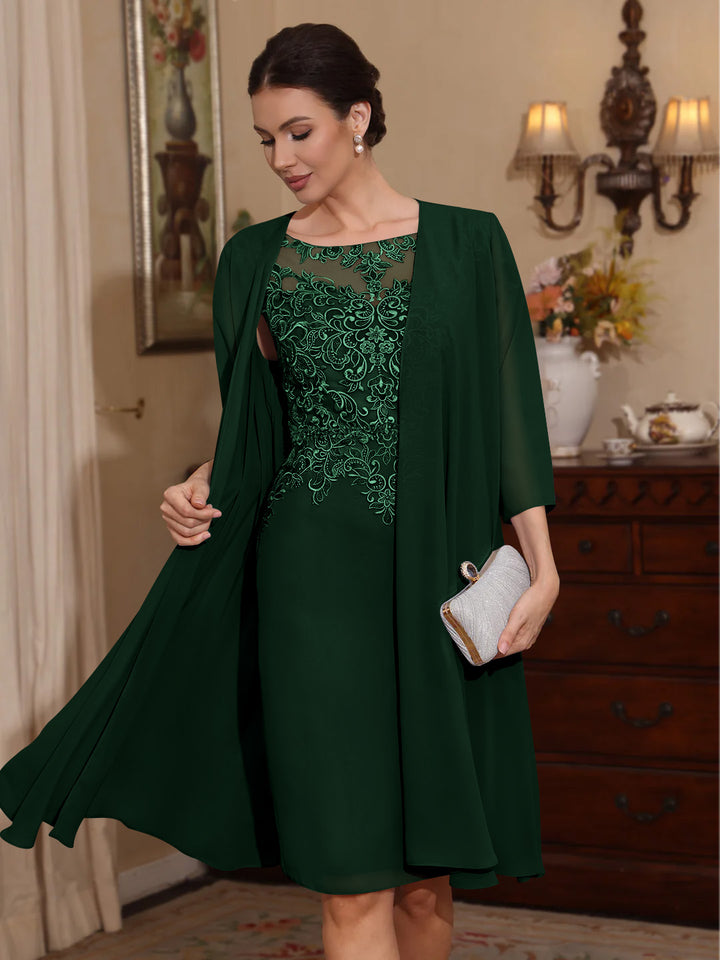 2 Pièces Gaine/Colonne Scoop Mousseline Robes Mère de La Mariée avec Veste Dentelle  Longueur Genou  3/4 Manches