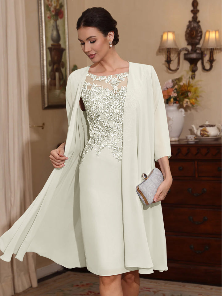 2 Pièces Gaine/Colonne Scoop Mousseline Robes Mère de La Mariée avec Veste Dentelle  Longueur Genou  3/4 Manches