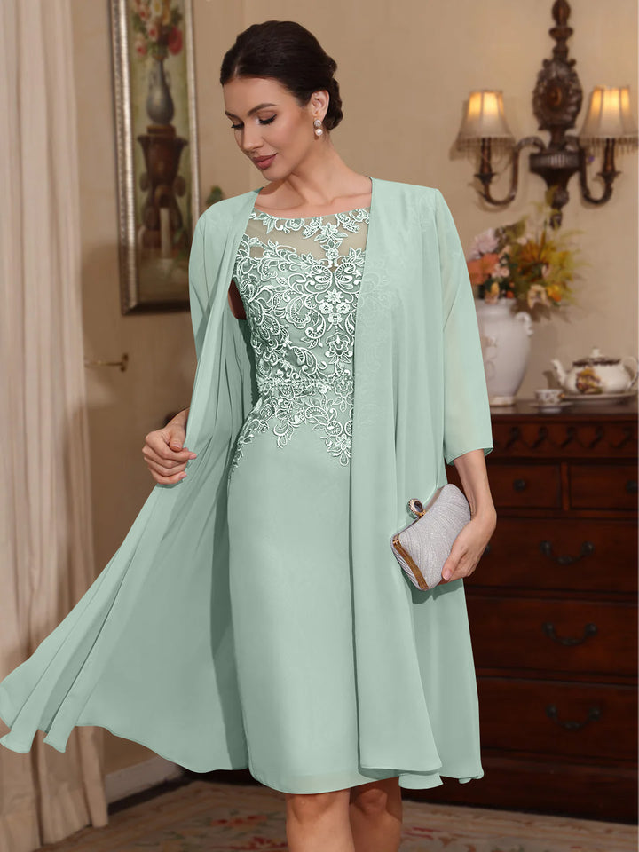 2 Pièces Gaine/Colonne Scoop Mousseline Robes Mère de La Mariée avec Veste Dentelle  Longueur Genou  3/4 Manches