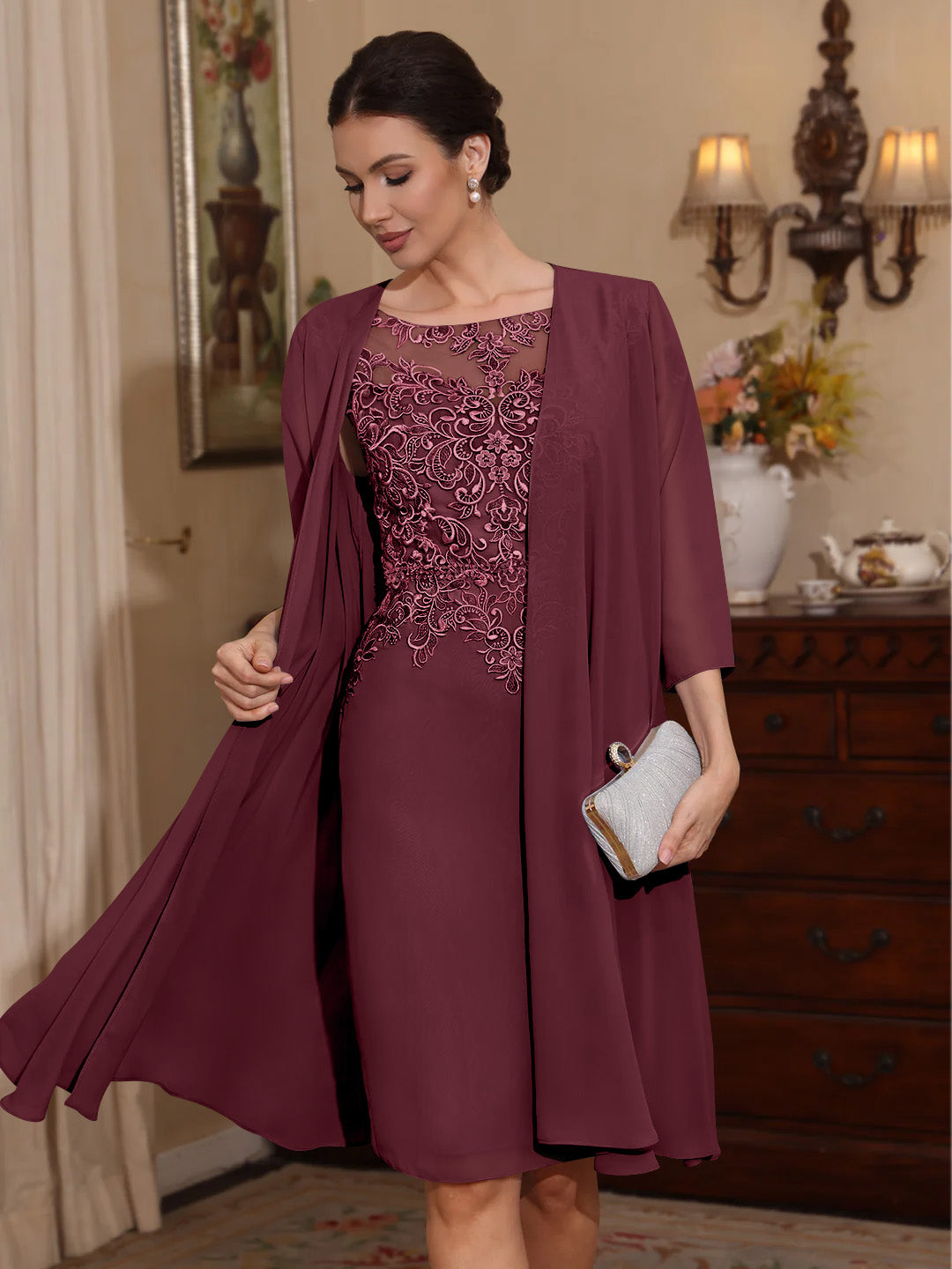2 Pièces Gaine/Colonne Scoop Mousseline Robes Mère de La Mariée avec Veste Dentelle  Longueur Genou  3/4 Manches