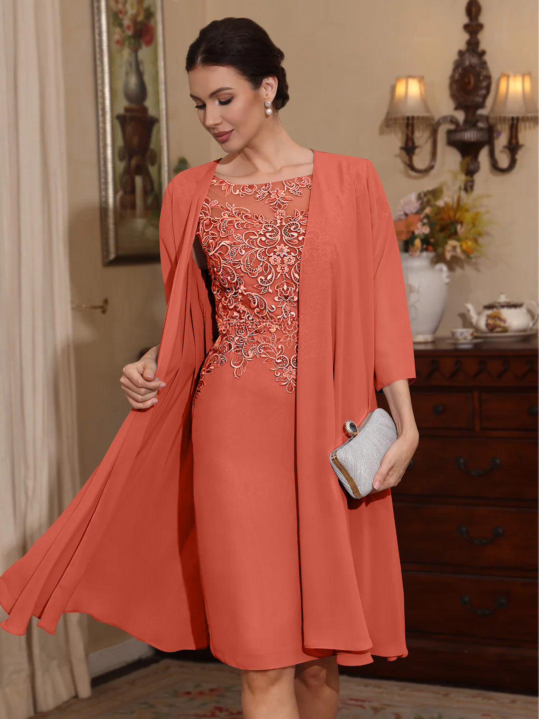 2 Pièces Gaine/Colonne Scoop Mousseline Robes Mère de La Mariée avec Veste Dentelle  Longueur Genou  3/4 Manches