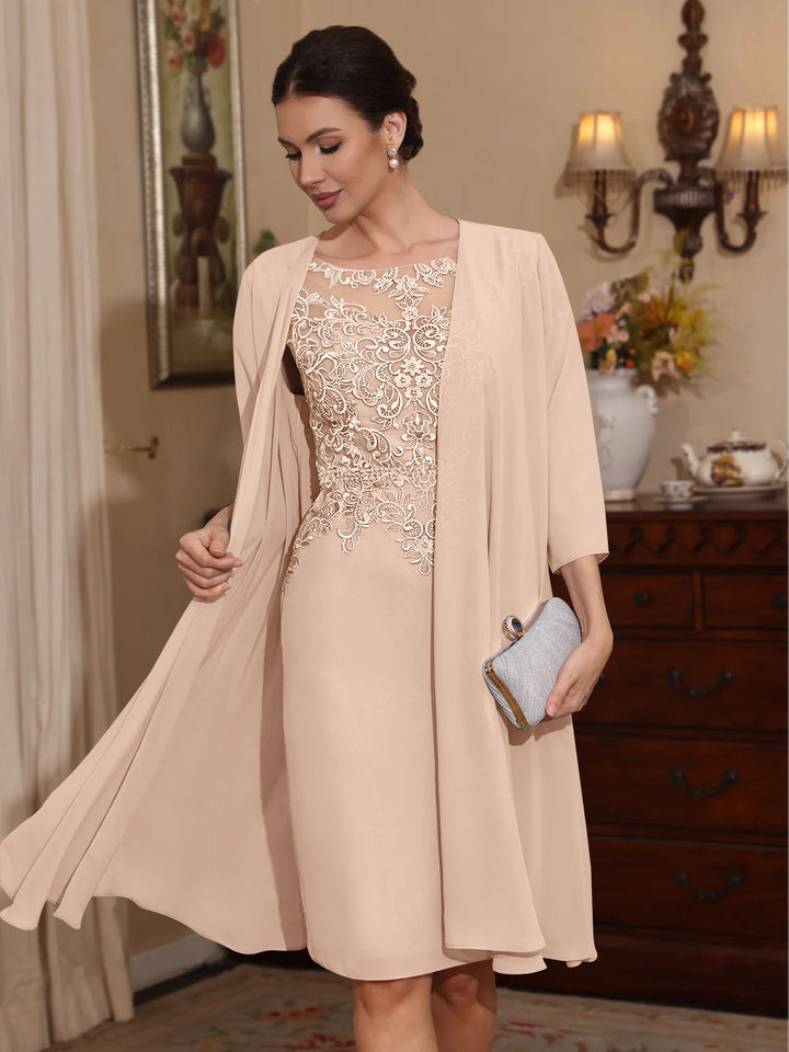 2 Pièces Gaine/Colonne Scoop Mousseline Robes Mère de La Mariée avec Veste Dentelle  Longueur Genou  3/4 Manches