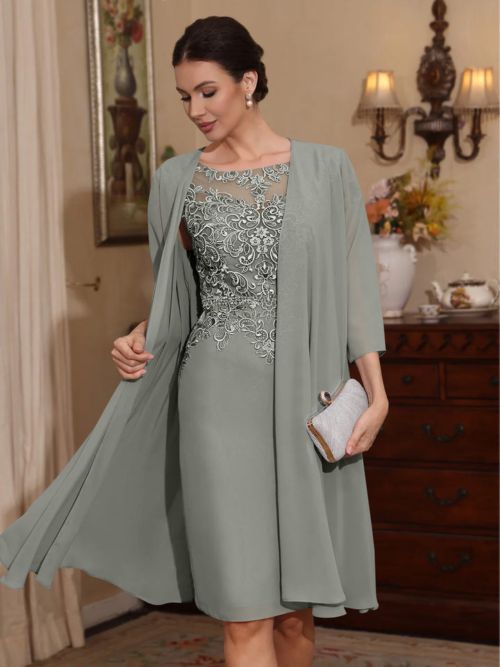 2 Pièces Gaine/Colonne Scoop Mousseline Robes Mère de La Mariée avec Veste Dentelle  Longueur Genou  3/4 Manches