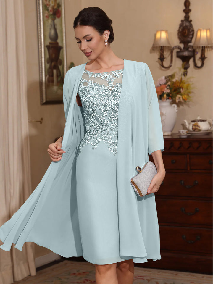 2 Pièces Gaine/Colonne Scoop Mousseline Robes Mère de La Mariée avec Veste Dentelle  Longueur Genou  3/4 Manches