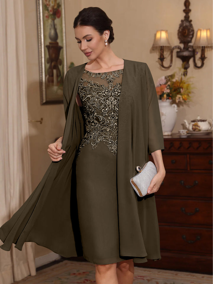 2 Pièces Gaine/Colonne Scoop Mousseline Robes Mère de La Mariée avec Veste Dentelle  Longueur Genou  3/4 Manches