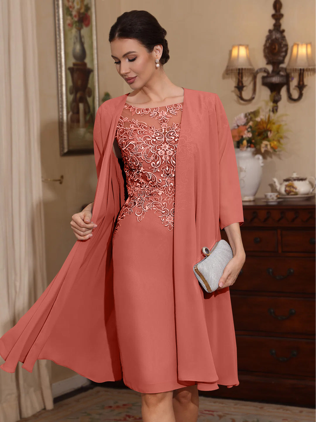 2 Pièces Gaine/Colonne Scoop Mousseline Robes Mère de La Mariée avec Veste Dentelle  Longueur Genou  3/4 Manches