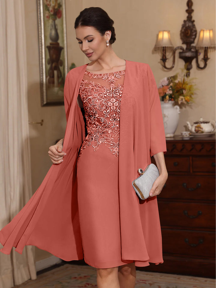 2 Pièces Gaine/Colonne Scoop Mousseline Robes Mère de La Mariée avec Veste Dentelle  Longueur Genou  3/4 Manches